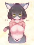  2018 anthro biped black_hair breasts cheek_tuft clothed clothing countershade_fur countershading dipstick_tail domestic_cat exposed_breasts eyebrow_through_hair eyebrows facial_tuft featureless_breasts felid feline felis female front_view fur green_eyes grey_body grey_fur hair inner_ear_fluff japanese_text kemono looking_at_viewer mabo_(artist) mammal multicolored_body multicolored_fur multicolored_tail navel portrait pupils raised_clothing short_hair slit_pupils solo sweater text three-quarter_portrait topwear translucent translucent_hair tuft two_tone_body two_tone_fur underwear whiskers white_body white_fur 