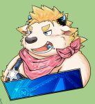  2021 anthro babe_bunyan bear_2key black_nose blush bovid bovine cattle clothing green_background horn kemono male mammal overalls portrait simple_background solo tokyo_afterschool_summoners video_games 