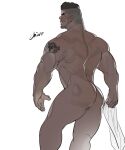  1boy ass baptiste_(overwatch) bara beard blush brown_hair chivo_(kalchivo) completely_nude dark_skin dark_skinned_male facial_hair feet_out_of_frame highres looking_at_viewer male_focus mature_male muscular muscular_male nude overwatch short_hair shoulder_tattoo smug solo tattoo thick_thighs thighs undercut 