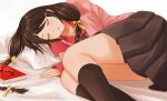  1girl absurdres bakemonogatari bed blush book braid brown_hair closed_eyes eyewear_removed glasses hair_ornament hanekawa_tsubasa highres long_hair monogatari_(series) naoetsu_high_school_uniform nemo_ringo on_bed ribbon_braid school_uniform skirt sleeping thighhighs thighs 