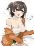  1girl absurdres bed_sheet blush breasts brown_eyes brown_hair cleavage collarbone commentary_request dated hair_between_eyes heart highres hiryuu_(kancolle) kantai_collection large_breasts long_sleeves one_side_up open_clothes open_mouth short_hair simple_background smile solo thighhighs toriniku_senshi_chikinman twitter_username white_background white_legwear 