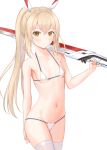  1girl alternate_costume arm_behind_back armpits ayanami_(azur_lane) azur_lane bangs belt bikini blush breasts cleavage collarbone commentary_request cowboy_shot eyebrows_visible_through_hair eyes_visible_through_hair groin hair_between_eyes headgear holding holding_sword holding_weapon light_brown_hair long_hair looking_at_viewer micro_bikini midriff navel orange_eyes over_shoulder ponytail r-paka retrofit_(azur_lane) sidelocks simple_background skindentation small_breasts solo swimsuit sword sword_over_shoulder thighhighs weapon weapon_over_shoulder white_background white_bikini white_legwear 