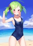  1girl ahoge bangs bare_shoulders beach blue_sky blush cloud collarbone commentary commission covered_navel day delutaya diagonal_bangs earrings english_commentary eyebrows_visible_through_hair green_hair highres horizon indie_virtual_youtuber jewelry k_mugura looking_at_viewer ocean one-piece_swimsuit open_mouth outdoors red_eyes sand second-party_source short_twintails sky smile solo standing swimsuit triangle_earrings twintails virtual_youtuber water 