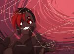  3_fingers absurd_res ambiguous_gender anthro arachnid arachnymph arthropod arthropod_webbing brown_body fangs fingers grin hair hi_res highlights_(coloring) kiki_(arachnymph) looking_down red_eyes red_hair smile solo solo_focus spider 