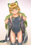  1girl animal_ears black_legwear black_swimsuit blonde_hair blue_archive cat_ear_headphones cat_ears cat_tail collarbone commentary_request competition_swimsuit flat_chest full_body gradient gradient_background green_eyes green_jacket handheld_game_console headphones highres jacket kneeling looking_at_viewer midori_(blue_archive) one-piece_swimsuit short_hair solo swimsuit tail thighhighs uzuki_mei 