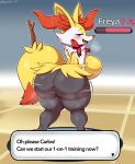  absurd_res anthro big_breasts big_butt big_ears black_body bow braixen breasts butt dialogue female hi_res huge_butt looking_at_viewer looking_back looking_back_at_viewer mehdrawings multicolored_body nintendo nude pok&eacute;mon pok&eacute;mon_(species) presenting presenting_hindquarters red_eyes shaking_butt short_stack side_boob solo thick_thighs video_games wide_hips yellow_body 
