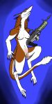  absurd_res anthro breasts brown_body brown_fur flaccid foreskin fur genitals gun gynomorph hi_res hollythorns intersex looking_at_viewer penis ranged_weapon sergal simple_background small_breasts solo split_jaw trans_(lore) trans_woman_(lore) victoria_hollythorns weapon 