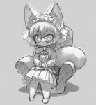  1girl animal animal_ear_fluff animal_ears armchair cat chair chibi garun_wattanawessako glasses greyscale headdress holding holding_animal monochrome original short_hair sitting skirt tail 