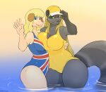  2021 5_fingers anthro beauty_mark big_breasts blonde_hair blue_eyes breast_squish breasts canid canine canis clothed clothing curvy_figure domestic_dog duo female fingers fur green_eyes grey_body grey_fur hair hat headgear headwear hi_res long_hair looking_at_viewer mammal mature_anthro mature_female mrs._hudson naomi_rasputin nightfaux one-piece_swimsuit partially_submerged procyonid raccoon sherlock_hound_(series) signature squish standing swimwear tan_body thick_thighs union_jack voluptuous water wide_hips 