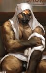  anthro chunie detailed_background digital_media_(artwork) foreskin genitals hi_res humanoid_genitalia humanoid_penis hyaenid looking_down male mammal nude penis sitting solo towel_on_head towel_on_lap uncut 