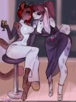  anthro armwear beverly_(athiesh) clothing dress duo elbow_gloves eyewear felid female glasses gloves hair handwear hi_res high_heels jaguar jewelry kardie lagomorph leporid mammal melis necklace pantherine ponytail rabbit slit_dress wine_glass 