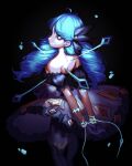  1girl absurdres bangs black_background black_dress blue_eyes blue_hair bound bound_arms braid bsapricot dress english_commentary from_behind gwen_(league_of_legends) hair_behind_ear highres league_of_legends needle off-shoulder_dress off_shoulder oversized_object solo stab twin_braids 