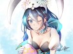  1girl ;) animal_ears animal_hat artist_name blue_eyes blue_hair breasts bunny_ears bunny_hat clear_glass_(mildmild1311) cleavage collarbone detached_collar detached_sleeves easter_egg egg fake_animal_ears fire_emblem fire_emblem_awakening fire_emblem_heroes happy_birthday hat highres lucina_(fire_emblem) lucina_(spring)_(fire_emblem) one_eye_closed playboy_bunny shiny shiny_hair short_sleeves simple_background small_breasts smile solo twitter_username 