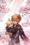  2boys aether_(genshin_impact) ahoge bangs black_gloves blonde_hair blue_eyes braid carrying cherry_blossoms chibi closed_eyes day genshin_impact gloves hair_between_eyes jacket jewelry long_hair long_sleeves male_focus mask mask_on_head multiple_boys no_mouth open_mouth outdoors petals qi2341 red_scarf scarf single_braid single_earring tartaglia_(genshin_impact) twitter_username 