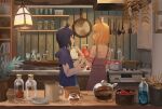  2girls absurdres animal_ears blonde_hair blue_hair blush cat_ears cooking finger_licking highres holding_another&#039;s_arm indoors kitchen licking multiple_girls original pot profile sen_(sennosenn1127) short_hair smile standing stove table yuri 