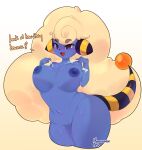  absurd_res anthro areola big_breasts blonde_hair blue_body breasts dialogue electricity female genitals hair hi_res mareep meowcaron nintendo nipples nude pok&eacute;mon pok&eacute;mon_(species) pussy solo video_games wide_hips 