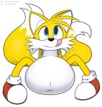  anthro belly big_belly canid canine fox foxball hands_behind_back happy hyper hyper_belly lying male mammal miles_prower nude on_front overweight sitting smile solo sonic_the_hedgehog_(series) 