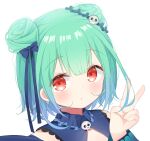  1girl bangs bare_shoulders blue_bow blue_dress blue_hair blush bow closed_mouth commentary_request deyui double_bun dress earrings eyebrows_visible_through_hair gradient_hair green_hair hair_bow hair_ornament hand_up highres hololive jewelry long_sleeves looking_at_viewer multicolored_hair red_eyes simple_background skull_earrings skull_hair_ornament sleeveless sleeveless_dress solo upper_body uruha_rushia v virtual_youtuber white_background 