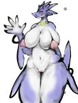  anthro big_breasts biped blue_body blush bottomless breasts clothed clothing dragon female fin fish front_view genitals gesture hi_res huge_breasts hybrid jewelry looking_at_viewer marine navel necklace nipples pussy scalie shark simple_background smile solo solterv standing thick_thighs translucent translucent_clothing waving white_background yellow_eyes 