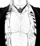  1boy bara beard belly character_request chest_hair close-up cyphers facial_hair greyscale japanese_clothes kimono large_pectorals male_cleavage male_focus maou_abusorun mature_male monochrome muscular muscular_male open_clothes open_kimono open_shirt original pectoral_focus pectorals plump short_hair smile solo stubble 
