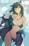  1girl animal_ear_fluff animal_ears arknights bangs bare_shoulders bikini black_bikini black_hair dog_tags eyyy highres jewelry navel necklace off_shoulder swimsuit swimwear texas_(arknights) thighs wet wolf_ears wolf_girl yellow_eyes 