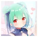  1girl bangs bare_shoulders blue_bow blue_dress blue_hair blush bow closed_mouth deyui double_bun drawn_whiskers dress earrings eyebrows_visible_through_hair gradient_hair green_hair hair_bow hair_ornament hand_up heart highres hololive jewelry long_sleeves looking_at_viewer multicolored_hair red_eyes skull_earrings skull_hair_ornament sleeveless sleeveless_dress solo upper_body uruha_rushia v virtual_youtuber 