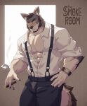  abs absurd_res anthro canid canine canis clothed clothing coyote digital_media_(artwork) echo_(series) echo_project english_text fur hi_res male mammal muscular muscular_anthro muscular_male pecs scar smoking solo text the_smoke_room uiokv video_games visual_novel william_adler 