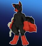 anthro black_body black_fur canid canine canis curled_tail fur hi_res looking_at_viewer male mammal metal_chain model_sheet ramerooni red_body red_eyes red_fur solo wolf 