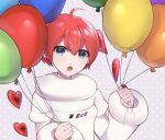  1girl ahoge android arms_up balloon bangs blue_eyes blush bright_pupils eyebrows_visible_through_hair grey_background hair_between_eyes hair_intakes hands_up head_tilt heart highres holding holding_balloon hood hood_down hoodie long_sleeves open_mouth persona persona_5 persona_5_scramble:_the_phantom_strikers polka_dot polka_dot_background raimone26 red_hair shiny shiny_hair simple_background sophia_(p5s) teeth v_arms white_hoodie white_pupils wide_sleeves 