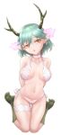  1girl antlers artoise breasts c_(control) choker feet fur green_hair horns lingerie looking_at_viewer panties pointy_ears q_(control) short_hair simple_background solo underwear white_background yellow_eyes 