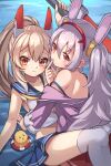  2girls animal animal_ears arm_support arm_up ayanami_(azur_lane) azur_lane bangs bare_arms bird blue_sailor_collar blue_skirt blush brown_hair bunny_ears chick closed_mouth commentary_request crop_top eyebrows_visible_through_hair fake_animal_ears feet_out_of_frame finger_to_mouth hair_between_eyes hairband hand_up headgear highres holding holding_sword holding_weapon jacket laffey_(azur_lane) lifebuoy long_hair long_sleeves looking_at_viewer manjuu_(azur_lane) midriff miya_(miyaruta) multiple_girls off_shoulder open_clothes open_jacket pink_jacket pleated_skirt ponytail red_eyes red_hairband red_skirt sailor_collar shirt silver_hair skirt sleeveless sleeveless_shirt strap_slip sword thighhighs twintails very_long_hair water weapon white_legwear white_shirt 
