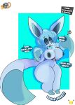  2021 absurd_res anthro belt big_breasts big_butt blue_body blue_fur blue_hair blue_nipples blue_sclera breasts butt curvy_figure dialogue digital_media_(artwork) eeveelution english_text female fingers freckles fur glaceon hair hi_res hourglass_figure huge_breasts huge_butt iclyn_(inkit89) inkit89 multicolored_body multicolored_fur navel nintendo nipples nude pok&eacute;mon pok&eacute;mon_(species) simple_background smile solo standing teeth text thick_thighs tongue video_games voluptuous white_eyes wide_hips 