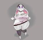  anthro big_breasts breasts clothed clothing disney female grey_background grey_body hi_res judy_hopps kiseff lagomorph leporid mammal rabbit simple_background solo thick_thighs zootopia 