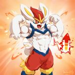  anthro big_ears cinderace colored english_text fluffy fluffy_tail fur hi_res male muscular muscular_anthro muscular_male nintendo orange_body orange_fur pok&eacute;mon pok&eacute;mon_(species) red_eyes simple_background solo text video_games waddledox white_body white_fur yellow_body yellow_fur 