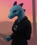  2018 4_fingers anthro bea_santello black_clothing blue_eyes cigarette claws clothed clothing crocodile crocodilian crocodylid detailed_background digital_media_(artwork) female fingers green_body green_scales hand_behind_back hi_res holding_object hoodie looking_at_viewer night_in_the_woods reptile scales scalie scavy solo standing topwear twilight video_games 