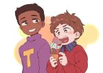  2boys be_(ronironibebe) black_eyes black_hair blush brown_eyes brown_hair clyde_donovan dark_skin dark_skinned_male food ice_cream ice_cream_cone jacket multiple_boys open_mouth purple_sweater red_jacket short_hair smile south_park sweater token_black turtleneck turtleneck_sweater 