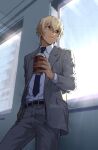  1boy amuro_tooru bangs belt black_belt blonde_hair blue_eyes blue_neckwear closed_mouth coffee_cup collared_shirt commentary_request cup disposable_cup formal grey_jacket grey_pants grey_suit hair_between_eyes hand_in_pocket holding holding_cup indesign indoors jacket light_rays long_sleeves looking_out_window looking_to_the_side male_focus meitantei_conan necktie open_clothes open_jacket pants serious shirt short_hair signature solo standing suit sunbeam sunlight white_shirt window 