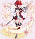  1girl absurdres artist_name bare_shoulders boots dress fire_emblem fire_emblem_fates gloves highres hinoka_(fire_emblem) holding_naginata naginata pegasus_knight petals polearm red_eyes red_hair red_legwear sarukaiwolf short_dress short_hair silver_background simple_background sleeveless sleeveless_dress smile solo star_(symbol) thigh_boots thighhighs weapon zettai_ryouiki 