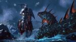  1other absurdres ambiguous_gender animal armor blurry blurry_foreground cloud cloudy_sky commentary english_commentary facing_another full_armor gauntlets helm helmet highres holding holding_shield horse kalmahul knight night open_mouth original rain scales sharp_teeth shield shiny shoulder_plates sky snake teeth water 