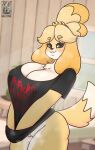  2020 absurd_res animal_crossing anthro big_breasts black_clothing black_shirt black_topwear bottomless breasts brown_eyes brown_nose canid canine canis clothed clothing clothing_pull domestic_dog eyebrows female fur genitals halotroll hi_res isabelle_(animal_crossing) looking_at_viewer mammal nintendo nipple_outline profanity pussy shih_tzu shirt shirt_pull smile solo text text_on_clothing text_on_shirt text_on_topwear topwear topwear_pull toy_dog video_games yellow_body yellow_fur 