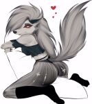  &lt;3 2021 anthro butt camel_toe canid canid_demon clothing crop_top demon ear_piercing ear_ring female footwear fur grey_body grey_fur grey_hair hair hellhound helluva_boss hugging_pillow isterika long_hair looking_at_viewer loona_(vivzmind) mammal piercing pillow red_sclera shirt simple_background socks solo tight_clothing topwear white_body white_eyes white_fur 