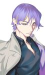  1boy black_shirt blonde_hair collared_shirt earrings genderswap genderswap_(ftm) grey_jacket hair_behind_ear highres hololive hololive_indonesia jacket jewelry kuroi_enpitsu male_focus mamank_hoshinov moona_hoshinova multicolored_hair parted_lips purple_eyes purple_hair shirt solo streaked_hair striped upper_body virtual_youtuber white_background 