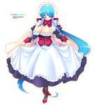  absurdly_long_hair blue_hair breasts cleavage closed_eyes curtsey full_body headdress high_heels highres large_breasts long_hair maid mel/a melmaid original pantyhose ribbon shoes solo veil very_long_hair 