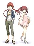  bag brown_eyes casual dress flat_chest haimura_kiyotaka legs long_hair multiple_girls musujime_awaki red_eyes red_hair sandals shirai_kuroko short_twintails to_aru_majutsu_no_index twintails 