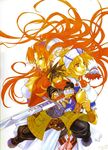  2girls blonde_hair breasts cleavage corset elena_(grandia) grandia grandia_ii highres kanoe_youshi large_breasts long_hair millenia_(grandia) multiple_girls official_art red_hair ryudo_(grandia) sword very_long_hair weapon yellow_eyes 