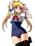  animal_ears barefoot blonde_hair cat_ears fate_testarossa long_hair lyrical_nanoha mahou_shoujo_lyrical_nanoha no_pants one-piece_swimsuit red_eyes school_swimsuit school_uniform serafuku solo swimsuit swimsuit_under_clothes thighhighs tsukishiro_kou twintails 