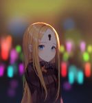  abigail_williams_(fate/grand_order) bangs black_bow black_dress blonde_hair blue_eyes blurry blurry_background blush bow closed_mouth depth_of_field dress fang fang_out fate/grand_order fate_(series) keyhole long_hair no_hat no_headwear orange_bow parted_bangs polka_dot polka_dot_bow smile solo sugar_(dndi888) upper_body very_long_hair 