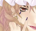  blonde_hair close-up derivative_work eyelashes face hands licking_lips lips lipstick macross macross_frontier makeup mori_shin_risuku nail_polish parody purple_nails solo tongue tongue_out touhou yakumo_yukari 