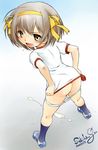  2007 blue_legwear blush brown_hair dated looking_back open_mouth panties panty_pull pee pee_stain sekihan shirt_tug short_hair short_sleeves solo stain standing suzumiya_haruhi suzumiya_haruhi_no_yuuutsu underwear 