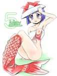  :d arm_up armpits blue_eyes blue_hair blush bottomless breast_slip covered_nipples dated flat_chest hat knees_up kodomo_no_hi koinobori legs looking_at_viewer may mermaid_costume nipples one_breast_out open_mouth original paper_hat paper_kabuto see-through shimanto_youta short_hair simple_background sitting smile solo 